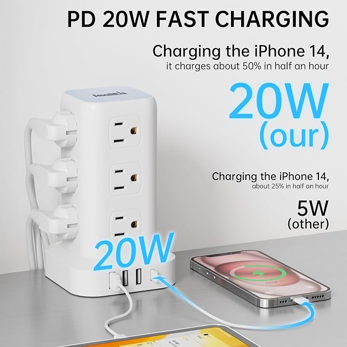PD20W Power Strip Tower Surge Protector, 16.5FT Extension Cord, Power Strip - Image 2