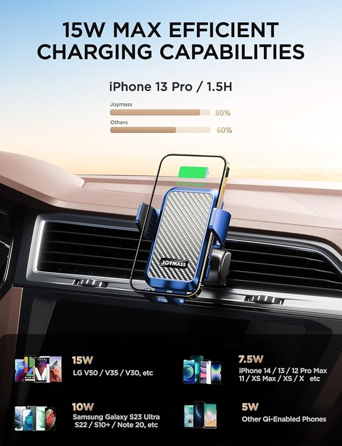 Wireless Car Charger, JOYMASS 15W Fast Charging Auto Clamping Car Charger Cell - Image 2