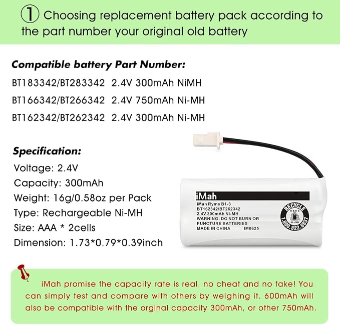 iMah BT162342/BT262342 Cordless Phone Batteries Compatible - Image 3