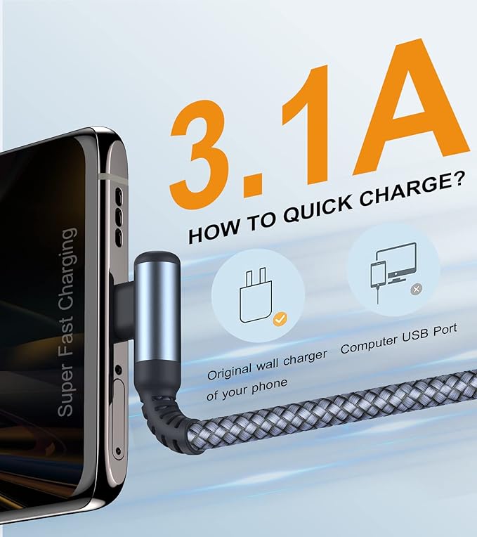 sweguard USB C Cable Right Angle, USB Type C iPhone 16 Charger Cable Nylon - Image 2