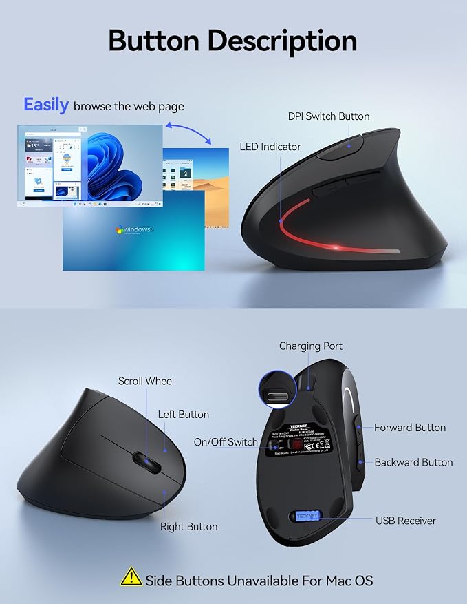 TECKNET Ergonomic Mouse Wireless, Rechargeable Mouse Wireless Silent - Image 8