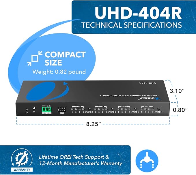 OREI 4x4 4K HDMI Matrix Switcher Splitter, Switch - Image 9