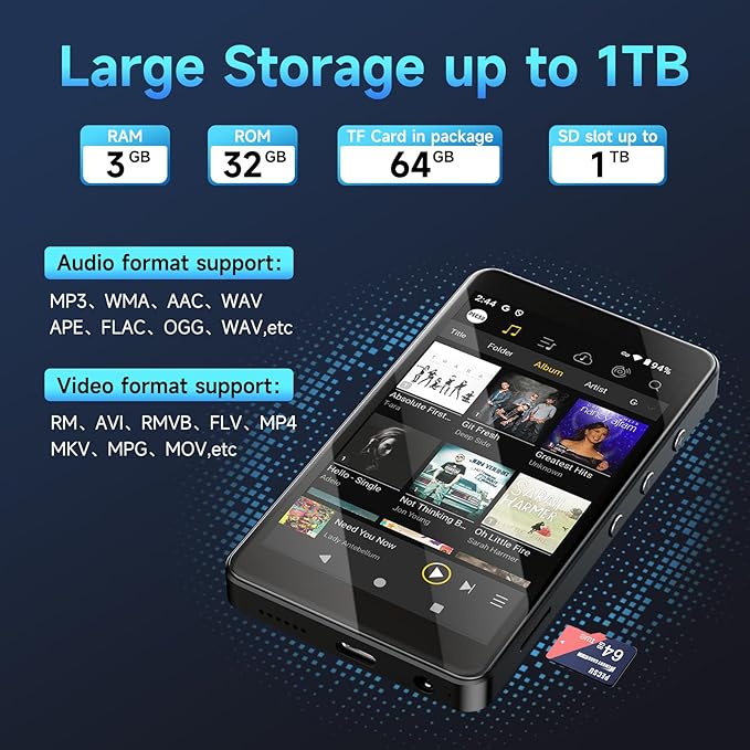 96GB MP3 Player with Bluetooth and WiFi, Android 14 MP3 Player with Spotify Kids - Image 6
