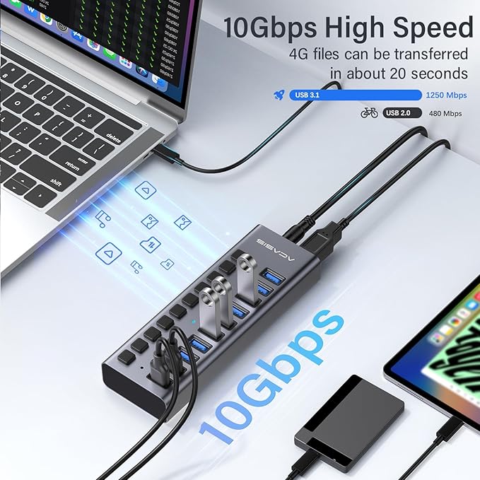 ACASIS Powered USB Hub, 10 Ports USB 3.1 Hub - Image 4