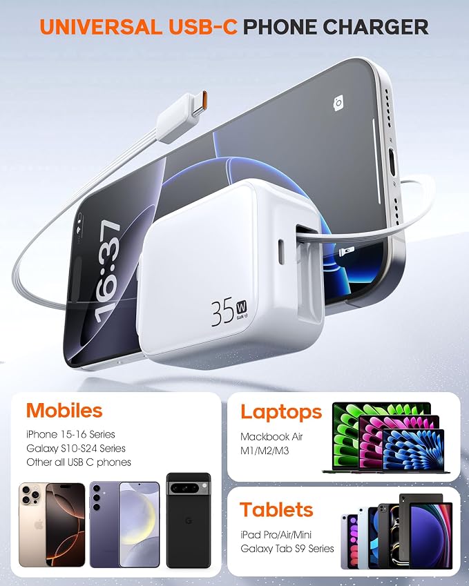 35W Retractable USB-C Wall Charger, Fast Charging Block - Image 7