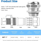 1" NPT Stainless Steel Waterproof Cable Gland, IP68 Waterproof Adjustable Cable - Image 2