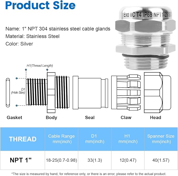 1" NPT Stainless Steel Waterproof Cable Gland, IP68 Waterproof Adjustable Cable - Image 2