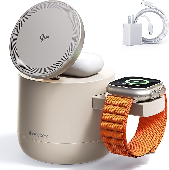 MFI Certified by Apple, 4 in 1 Magsafe Wireless Charging Station, Qi2 15W by THREEKEY
