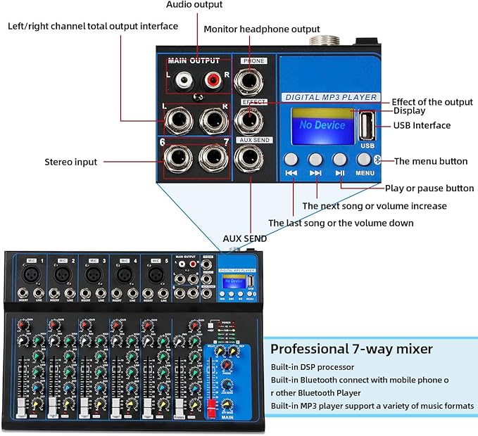 Depusheng HT7 Bluetooth Portable Audio Mixer w/USB DJ Sound Mixing Console MP3 - Image 3