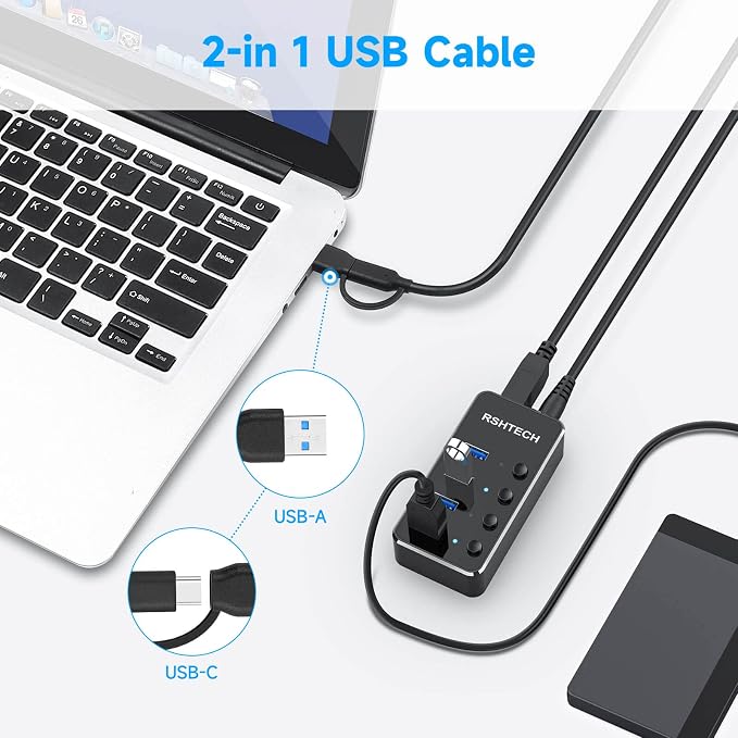 USB 3.0 Hub RSHTECH 4 Port Powered USB 3.0/USB C Hub Upgraded Version - Image 4