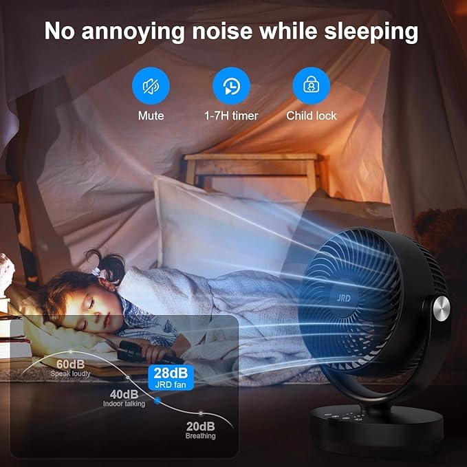 JRD Fans for Bedroom, 90° Oscillating Air Circulator Fan, 13 Inch Quiet Table - Image 8