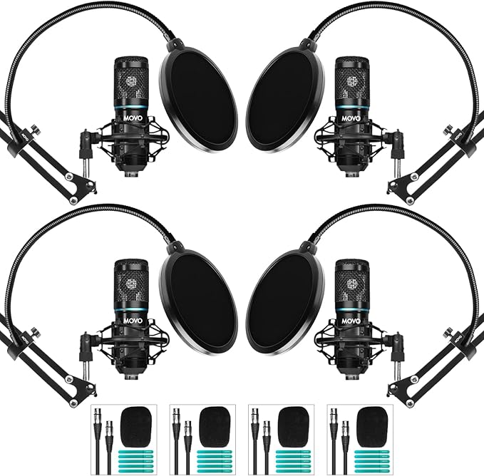 Movo PodPak4A 4-Pack Universal XLR Condenser Microphone Podcast Equipment Bundle by Movo