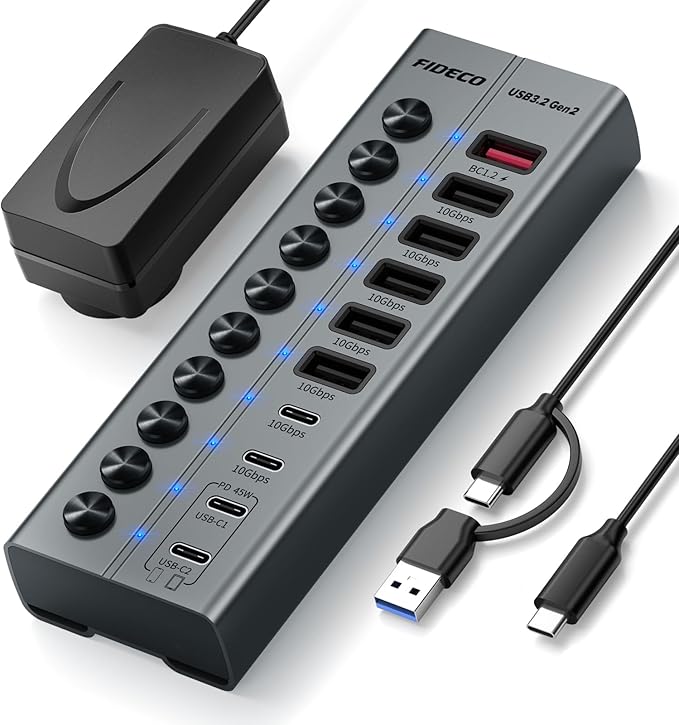 FIDECO 10-Port 72W Powered USB Hub, USB C Hub by FIDECO