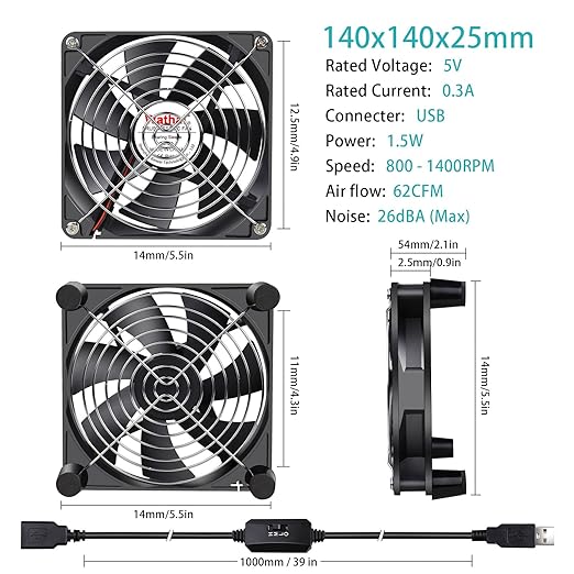 Wathai 140mm x 25mm USB Cooliing Fan 5V - Image 2