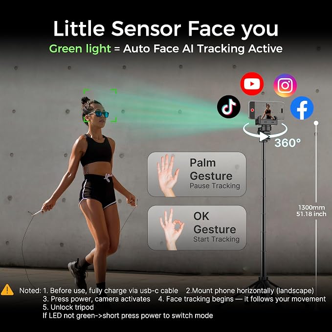 Auto Face Tracking Tripod & 360° Rotating Selfie Stick - Image 2