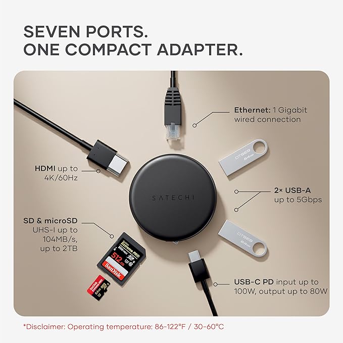 Satechi OntheGo 7-in-1 USB-C Hub, Compact Magnetic Multiport Adapter, 100W PD - Image 2