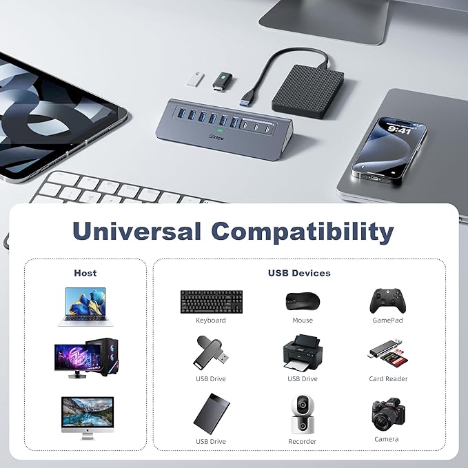 Powered USB Hub 10Gbps, intpw YH6AC 9-Port USB HUB - Image 7