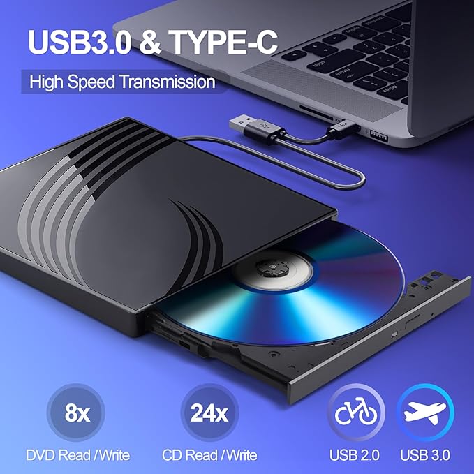 External CD/DVD Drive for Laptop, Ultra Slim CD Burner USB 3.0 Hub - Image 2