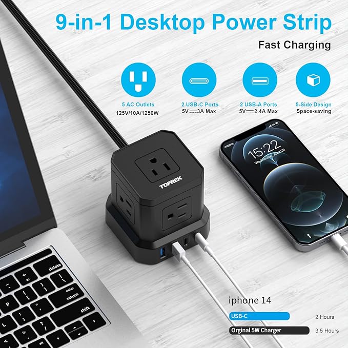 Power Strip with USB, USB C Power Strip with 5 Outlets, 2 USB-C & 2 USB-A - Image 2