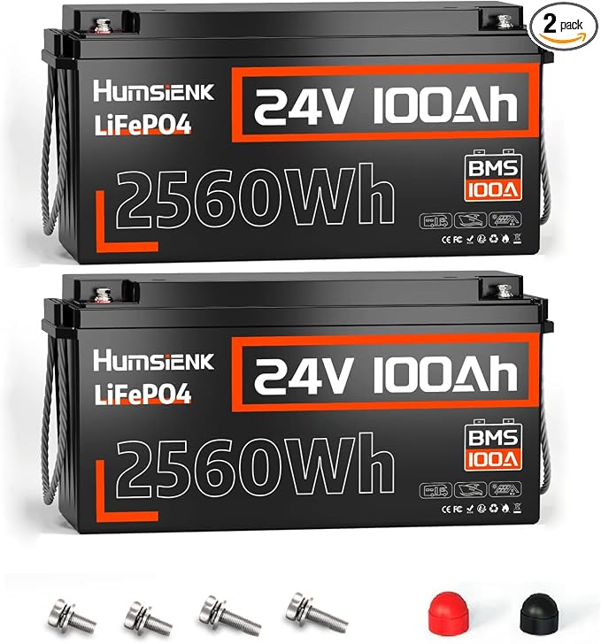 24V Lithium Battery 100Ah LiFePO4 Batterys 2 PCS, Built-in 100A BMS by HumsiENK