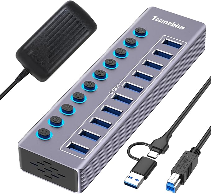 Powered 10-Port USB 3.0 Hub, USB C to 10 Ports USB Data Hub Splitter by Tccmebius