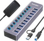 Powered 10-Port USB 3.0 Hub, USB C to 10 Ports USB Data Hub Splitter by Tccmebius