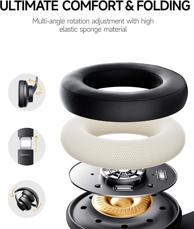 Picun B8 Bluetooth Headphones, 120H Playtime Headphone Wireless Bluetooth - Image 5