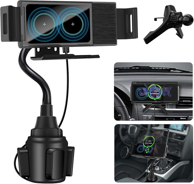 Wireless Car Charger for Z Fold 6/5/4/3, Dual Coil Cup Holder Phone Mount for by YUPENLAI