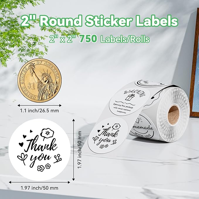 2'' White Round Thermal Labels, Name/Price Tag, QR Code, 750 Labels/Roll - Image 2