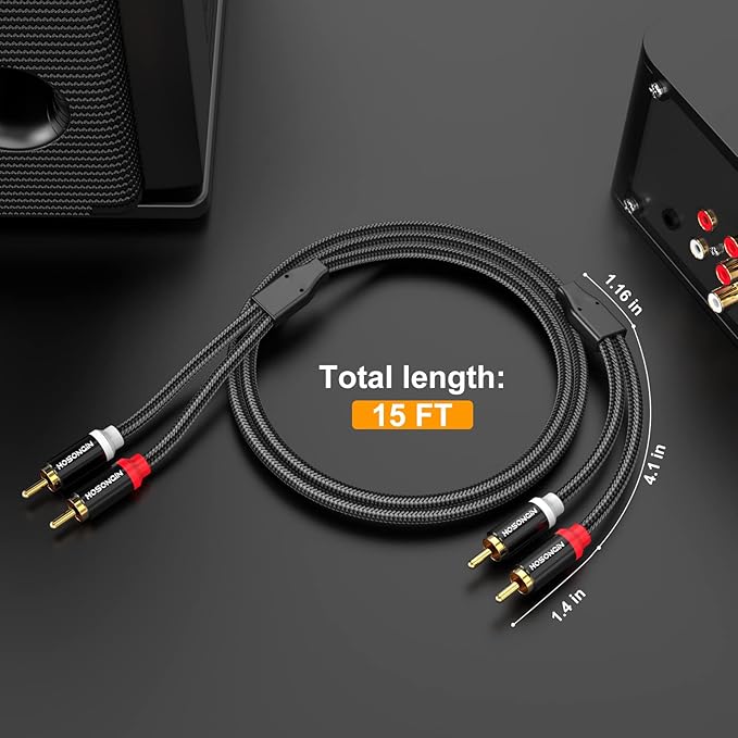 HOSONGIN RCA Cables 15ft 2 Pack, 2-Male to 2-Male RCA Audio Stereo Subwoofer - Image 7