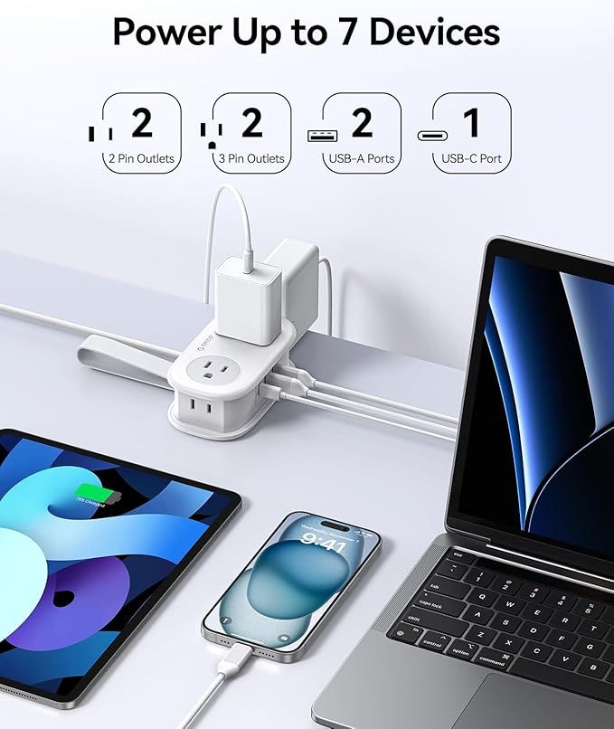 ORICO 20W USB-C PD Travel Power Strip, 4 AC Outlets 3 USB Ports, 4FT Flat Plug - Image 2
