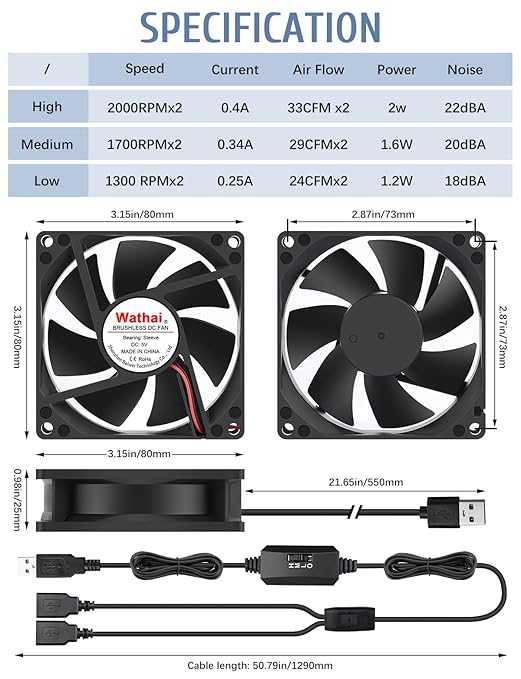 Wathai 80mm x 80mm x 25mm USB Fan 5V - Image 2