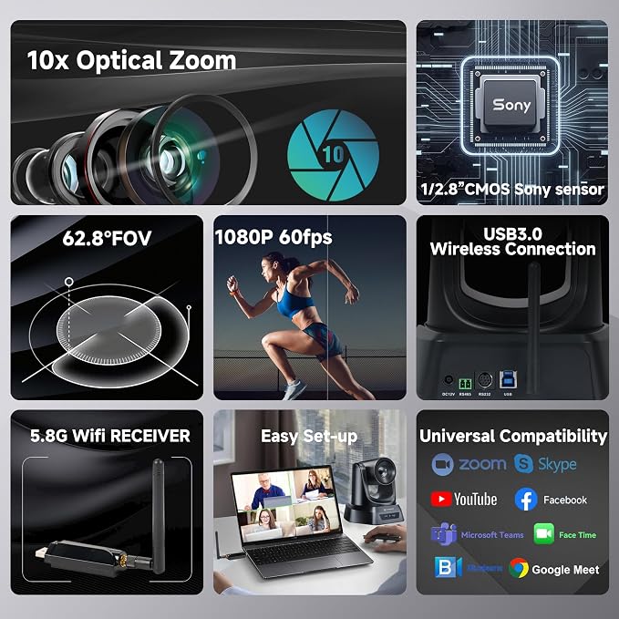 Wireless Conference Room Webcam, Church Live Streaming 10X USB 1080P 60fps PTZ - Image 2