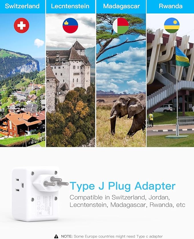 2 Pack Switzerland Travel Plug Adapter, Type J Power Adaptor - Image 2