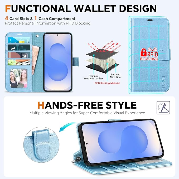 TUCCH Case Wallet for Galaxy S25 Edge, Removable Wrist Strap PU Leather - Image 5