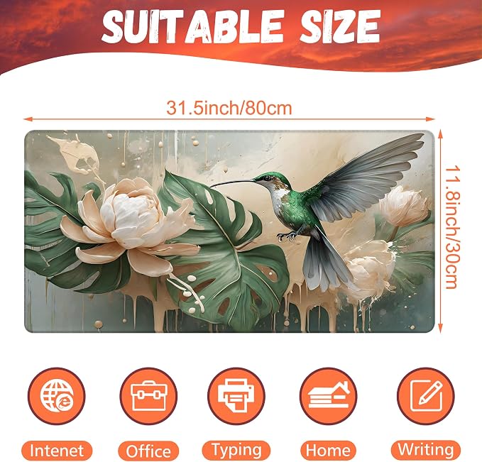 Desk Pad, Elegant Hummingbird Desk Mat, Oil Painting Flowers and Leaves Large - Image 2