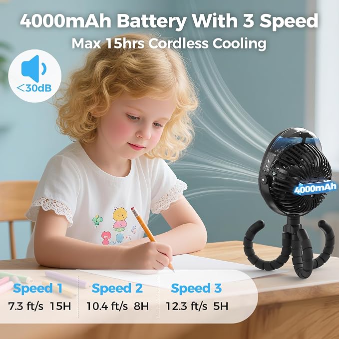 2025 Upgarded 4000mAh Misting Baby Stroller Fan, Rechargeable Battery Operated - Image 3