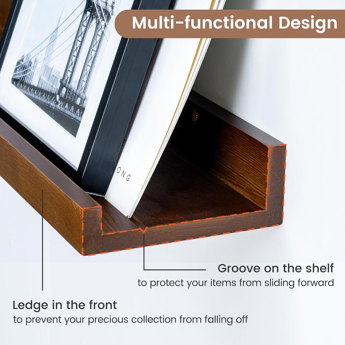 Picture Ledge Shelf, Floating Shelves Set of 2, Solid Pine Wood 72'' Long Large Nursery Book Shelves for Toys Storage, Kids Bookshelf for Living Room Bedroom Decor Books Photo Frames, Walnut