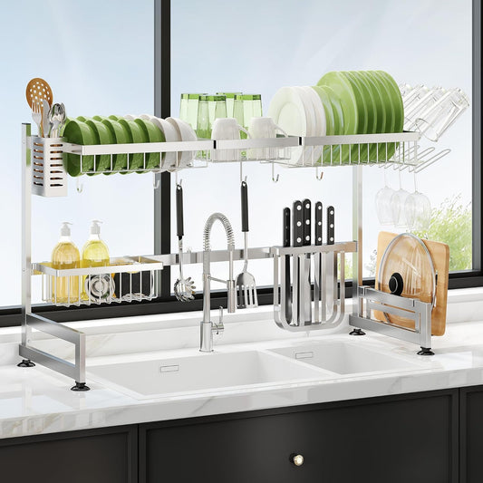 2 Tier Extra Large Stainless Steel Expandable Over The Sink Dish Drainer Drying Rack, Rust Proof Metal, Space Saving, Modern Silver Big Capacity Extendable Plate Strainers Above Kitchen Counter