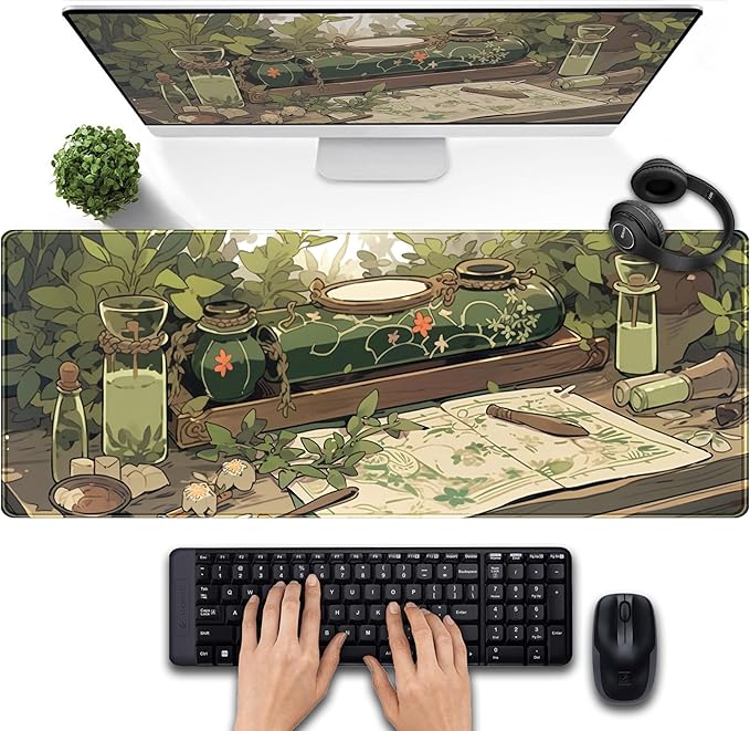 Cute Green Plants Desk Mat Anime Sage Mouse Pad Gaming Desk Pad XL, Kawaii by DSKGSJH