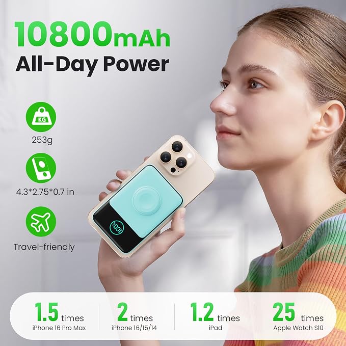Magnetic Portable Charger for iPhone, 3-in-1 10800mAh Qi2 15W Wireless Power - Image 4