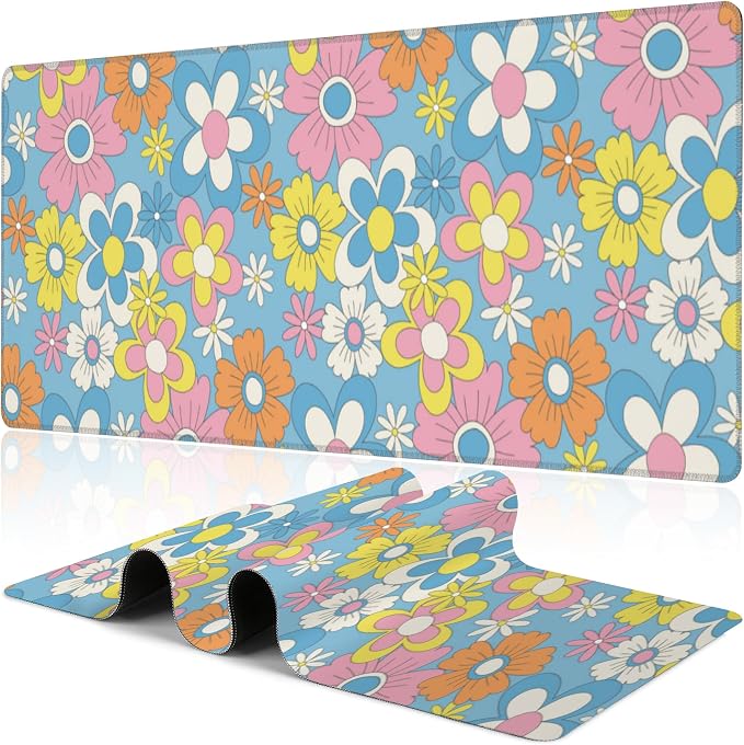 Colorful Retro Flowers Desk Mat, Large Cute Floral Gaming Keyboard Mouse Pad by NIYLYNSYN