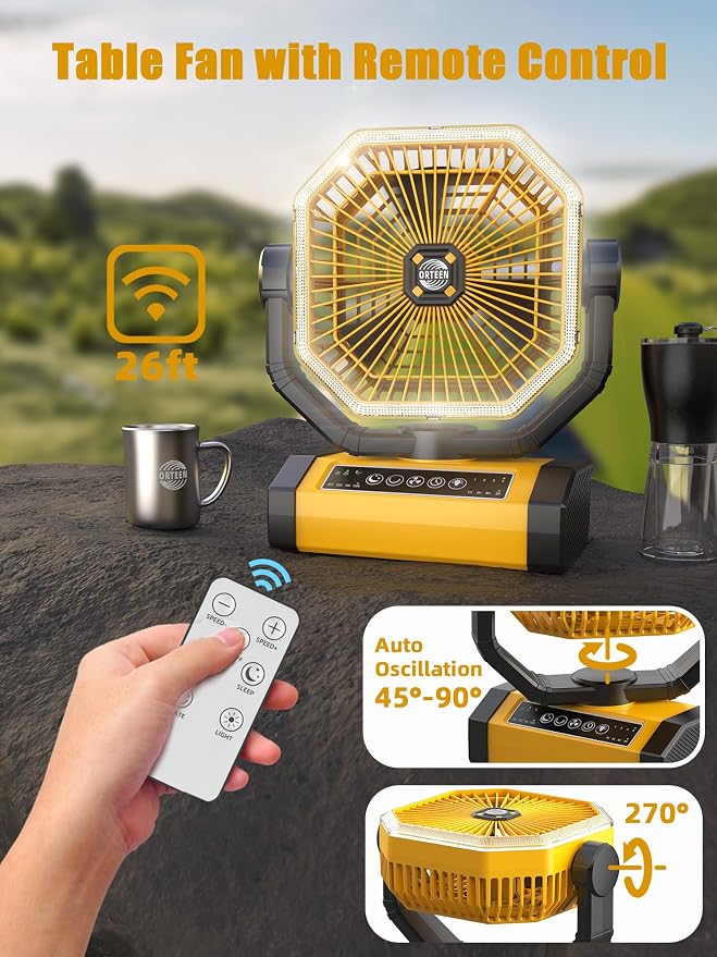 Orteen Rechargeable 9-Inch Portable Table Fan, 20000mAh Battery Powered Camping - Image 3
