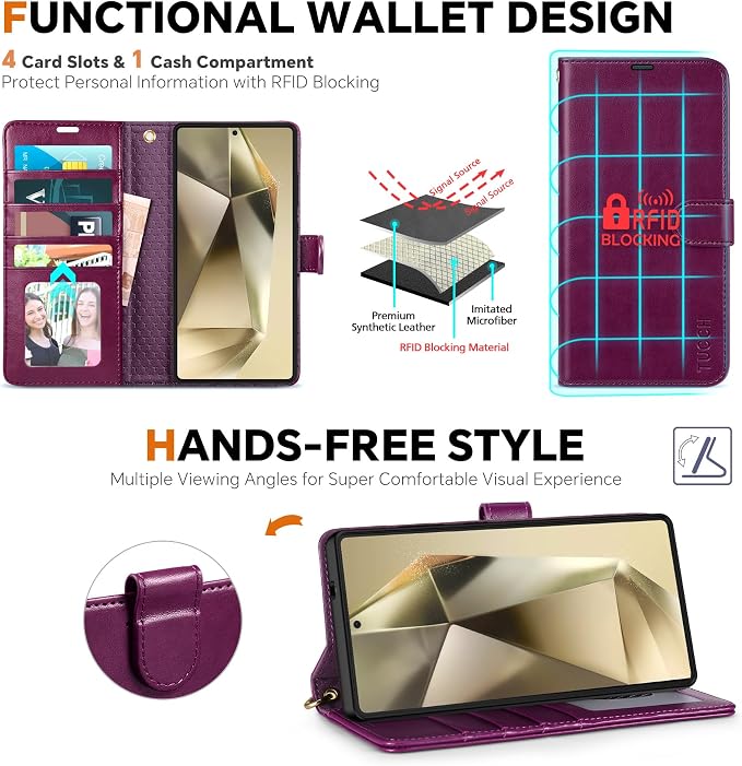 TUCCH Case Wallet for Galaxy S25 Ultra, 2 in 1 Magnetic PU Leather Wrist Strap - Image 5