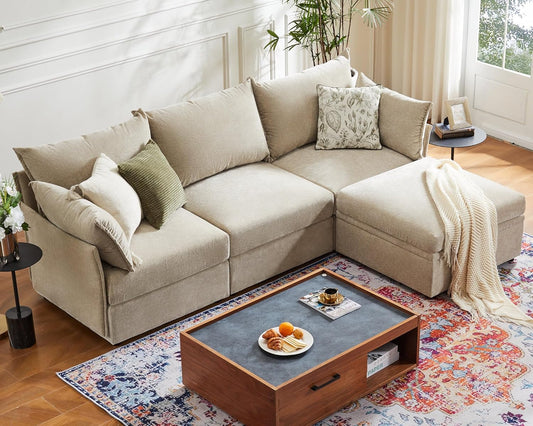 102.6" Modular Sectional Sofa, L Shaped Couch Set for Living Room, 3-Seater Comfy Cloud Couches with Movable Storage Ottoman,DIY Combination - Chenille Beige