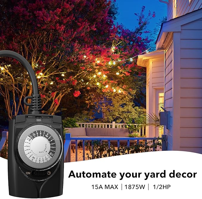 HBN Outdoor Timer Outlet Waterproof, 24 Hour Mechanical Light Timers - Image 8