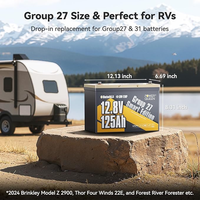 Power Queen 12.8V 125Ah Bluetooth LiFePO4 Battery, Group 27 Size &1600Wh Energy - Image 2