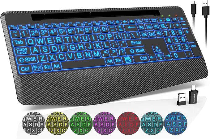 Wireless Keyboard with 7 Colored Backlits, Wrist Rest, Phone Holder, by Trueque