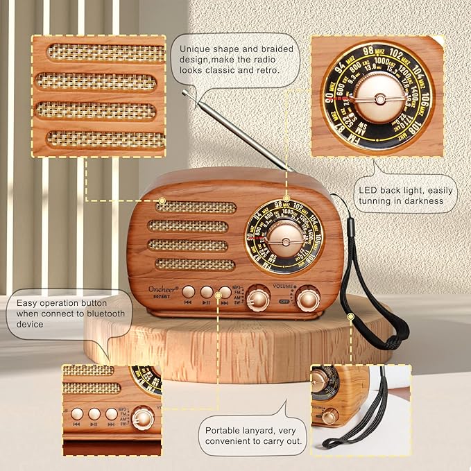 Oncheer Portable Vintage Radio Retro Bluetooth Speaker, FM/AM/SW Old Fashion - Image 4