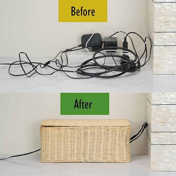 PEMAR Natural Rattan Wicker Cable Management Box, Cable Organizer, 2 Open Slots - Image 5